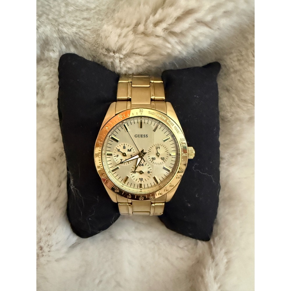 Guess Gold Tone Chronograph Watch Sunray Dial Tachymeter Bezel U0668G2